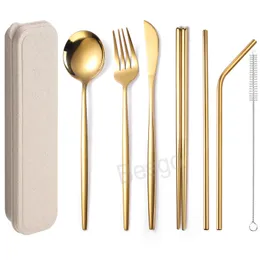 7Pcs/Set Stainless Steel Tableware Knife Fork Spoon Chopsticks Straws Set Travel Portable Cutlery Wheat Straw Tableware Box BH6917 TYJ