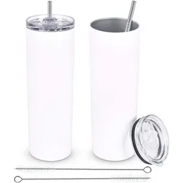 Canecas de sublimação reta do atacado 20 oz de parede dupla em aço inoxidável com copos de palha de palha plásticos caneca em branco branca SXA14