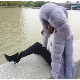 여성 코트 회색 너구리 모피 안감 긴 회색 재킷 여성 파카 바람 방풍 호화로운 여우 트림 플라켓 mukla furs 브랜드