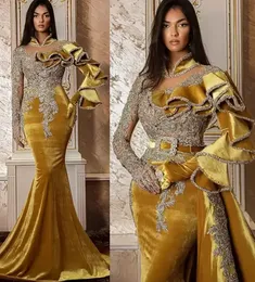2022 Plus rozmiar arabski Aso Ebi złoty luksusowy syrenka suknie balowe koronkowe zroszony kryształy wieczór formalna impreza drugie przyjęcie urodziny suknie zaręczynowe sukienka PRO232