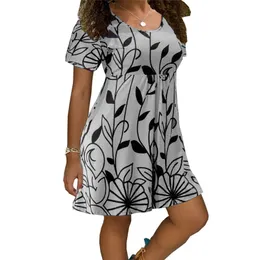Yaz Elbiseleri Kadınlar Sıradan Kısa Kol o Boyun Baskı Bir Çizgi Büyük Sokak Giyim Sundress Gevşek Vestidos 220613