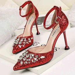 2022 New Women Pumps Rhinestone High Heels Stiletto 스팽글 웨딩 신발 럭셔리 섹시 파티 새끼 고양이 샌들 220531