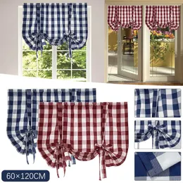 Curtain & Drapes Check Lace Up Curtains For Windows 24 X 47 Inch Rod Pocket Translucent Filter Kitchen Bedroom Red Gray CurtainsCurtain