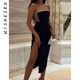 Sexy Halter Backless Lace Up Midi Dress Women Sleeveless Bandage Split Corset Dresses Fall Harajuku Night Club Party Robe 220507