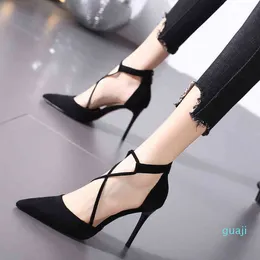 Sandals Apricot single shoes spring and summer small fresh French girls' high heels Black Suede thin heel sandals pointed bandage