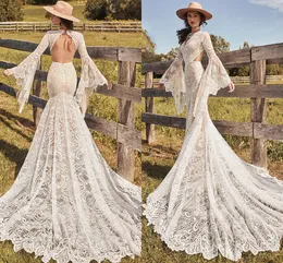Mermaid Boho Bohemian Wedding Dresses Beach Lace Long Flare Sleeve Split Middle Open Back country hippie fishtail Bridal Gowns