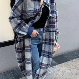 Blue Plaid Trench Coat Women 2020 Spring Autumn New Casual Korean Fashion Lapel Wool Over the Kne Long Coat Z220 T200828