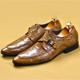 Fashion Men Belt Buckle Dress Shoes Alligator Print Genuine Cow Leather Handmade Wedding Office Formal Business Shoe for Men Da45