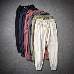 Men's Pants Cotton Linen Harem Solid Elastic Waist Streetwear Joggers Baggy Drop crotch Casual Trousers Running 220826