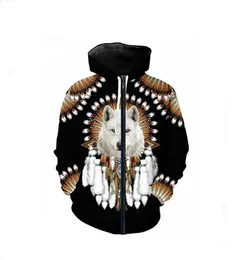 Atacado - 2022 Novo Lobo Indiano Nativo Impressão 3D Mulheres Manga Longa Suéter Hoodies Zipper Solta Streetwear Casual 2022 Outono Primavera @ 90