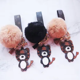 Cartoon Tiger Shape Keychain with Pompon Accessories Women Girls Brown Keyring Cute PU Leather Designer Car Key Chain Holder Fashion Animal Various Occasions