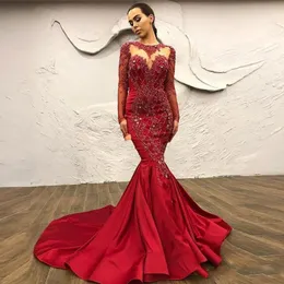 Luxury Red Crystal Mermaid Evening Dresses With Detachable Train Modest Full Sleeves Long Beaded Lace Prom Gowns 0421