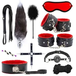 Nxy Sm Bondage Lederen Volwassen Game Training Handboeien Gebundeld 10 Stuk Set Mond Plug Alternatief Speelgoed Paar Sex Benodigdheden 220426