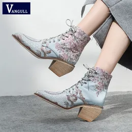 Vangull High Heel Ankle Boots Women Shoes Winter Woman Brodered Botines Mujer Botte Femme Bottine Flower 220813