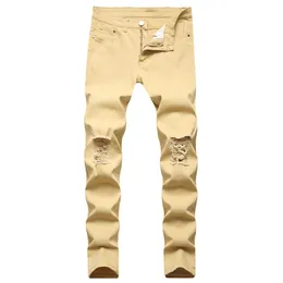 Mäns jeans 2022 Ankomsthål rippade solida män stretch blyertsbyxor hip hop slim kvinnor bomull retro denim byxor pantaloni uomo