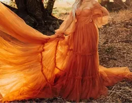 Puff Sleeved Orange A Line Tulle Prom Dresses For Maternity Women Sexy Off The Shoulder Evening Party Gowns Pregnant Formal Wear Plus Size Photoshoot CL0328