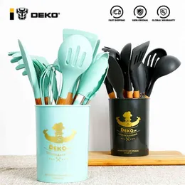 Non-Stick Heat Resistant Handle Spatula Spoon Silicone Kitchenware Cooking Utensils Set With Storage Box Kitchen Tools 210326