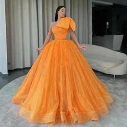 Luxury Shinny Orange Evening Formal Dresses With a Big Bow paljett Puffy Prom Party Gowns Custom Made Robe de Soiree Vestido de Fiesta