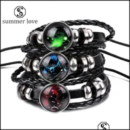 Gliederkette Armbänder Schmuck 12 Sternbilder Armband Leder Sternzeichen Punk Silber Einstellbar Trendy Schwarz Wa Dhrfz