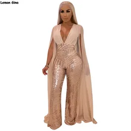 women new hot drilling sequined cloak long sleeve open back deep vneck bodycon night party jumpsuits sexy club rompers M868 T200107
