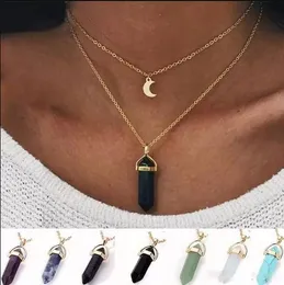 DHL Natural Stones Favor Moon Pendants Necklace Double Layer Gold Link Chains Women Crystal Quartz Bullet Hexagonal Prism Point Healing Charm Jewelry B0507