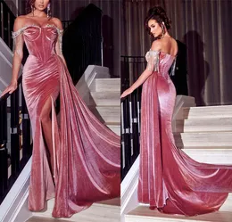 Pink Mermaid Prom Dresses Sexy Sweetheart Sleeveless Off Shoulder Sequins Appliques Velvet Floor Length Side Slit Plus Size Formal Party Gowns Custom Made