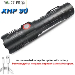Ny Super Bright XHP90 LED -ficklampa USB -uppladdningsbar zoombar vattentät ficklampor Lykta använder 18650 batteri för camping