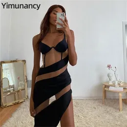 Yimunancy Strap Dres Transparent Patchwork Mesh Dress Ladies Summer Sexy Club Dresses Vestidos 220608