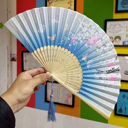 Chinese Japanese Silk Folding Fan Wooden Shank Classical Dance Fan High Quality Tassel Elegent Female Fan Home Decoration by sea