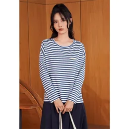 Toyouth Kadınlar T-Shirt Bahar Sonbahar Uzun Kollu Yuvarlak Boyun Tees Dikiş Çizgili Mektuplar Balık Baskı Mock Iki Parçalı Şık 220328 Tops