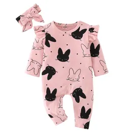 Fashion Pink rabbit print baby girl romper Toddler Long sleeve Cotton born jumpsuit playsuit and headband outfits clothes set 220525