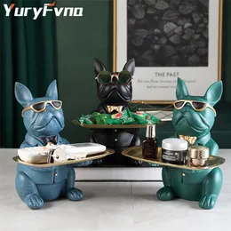 YuryFvna French Bulldog Figurine with Tray Sculpture Desk Storage Statue Decorative Coin Bank Home Room Decoration 220329