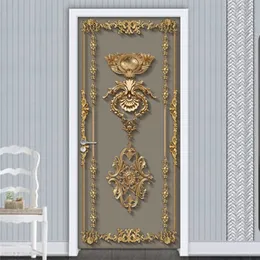 Self Adhesive Door Sticker Wallpaper 3D European Style Golden Flower Pattern Living Room Bedroom Mural Poster Wall Decals 220426