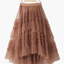 TIGENA 3 Layers Tiered Tutu Tulle Skirt Women Korean Fashion Beautiful Solid Irregular Short Front Long Back Mesh Female 220317