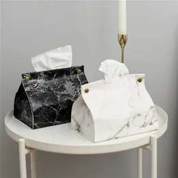 Nordic Style Marble Pattern Tissue Box PU Leather Home Car Napkin Paper Container Towel Case Pouch Decor 210309