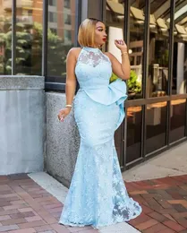 2022 Abiti da ballo a sirena azzurri senza maniche Applique in pizzo pieno Ruffles Lunghezza del pavimento Abiti da sera da sera Plus Size Abiti da cerimonia su misura