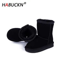 Habuckn Real Leather Short Ankle Suede Snow Boots 어린이 용 양모 모피가 겨울 신발 스노우 부츠 소년 소녀 부츠 Black LJ201201