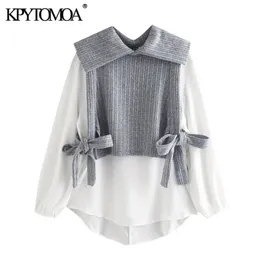 Kpytomoa kadın moda ile bow bağlı patchwork gevşek bluzlar vintage uzun kollu elastik trim kadın gömlekler şık üstler 210401