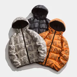 90 Velvet Men's Winter Trend Personlighetsbrev tryckning Casual Hooded Thick Warm Down Jacket T220802