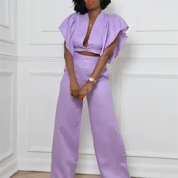 Echoine Ruffle Sleeve Short Sleeve Vneck Crop Top Shirt Blouse and Wide Leg Pants Women Elegant Matching Set Summer Outfits 220527
