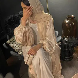 Eid Djellaba Abaya Shiny Soft Sleeves Silky Kimono Dubai Turkey Muslim Dress Islam Abayas With Belt WY56 220713