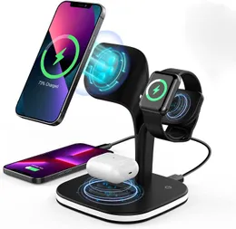 Magnetic Wireless Charger Dock 15W Multifunctional Station 4 in 1 Portable Fast Charging Stations Dock Magnet Phone Holder Qi Chargers Stand With LED Lamp