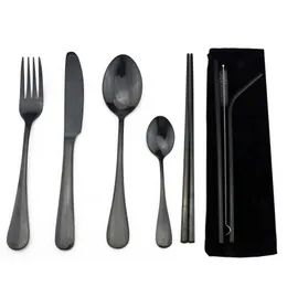 Geschirr-Sets, hochwertiges 18/8-Edelstahl-Besteck-Set, schwarzes Geschirr, Messer, Gabel, Teelöffel, Stäbchen, Strohhalme, Beutel-Set