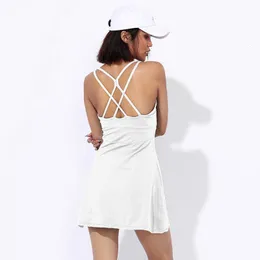 lu-63 Nude Yoga Outfits Dress Solid Color Suit Women's Tennis Skirt Shorts Pants Two-piece Set Anti Light Badminton Fitness Dress with Chest