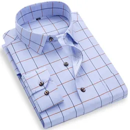 Långärmad Mäns Plaid Casual Shirts Regular Fit Blue Grey Checked Tun Summer Light Weight Social Work Business Dress Shirt 220330