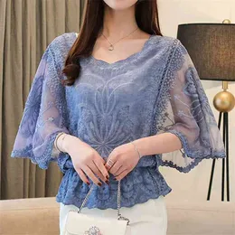Loose Blouse ONeck Summer Full Cotton Edge Lace Blouses Shirt Butterfly Flower Half Sleeve Women Shirt Fashion 86F 210401