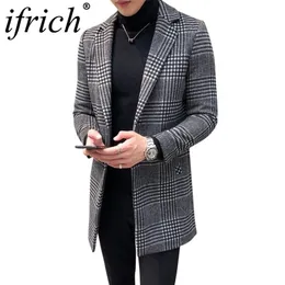 남성 양모 코트 잉글랜드 중간 롱 S 재킷 슬림 한 수컷 가을 겨울 오버 코트 모직 회색 검은 격자 무늬 스마트 캐주얼 LJ201110