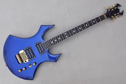 Guitarra elétrica azul de metal personalizado com fábrica com hardware dourado hh captadores de rosa -rosa braço duplo rock ponte