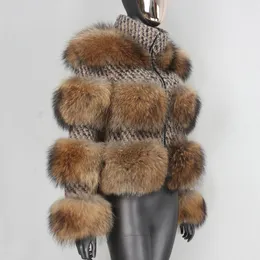 BLUENESSFAIR Winter Jacket Women Real Fur Coat Parka Natural Raccoon Fur Wool Weave Fabric Thick Warm Outerwear Streetwear 201125
