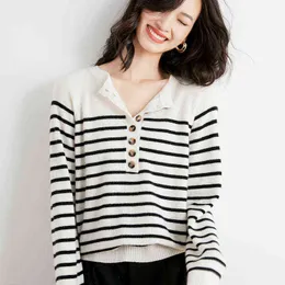 Ladies Knit Sweater Crew Neck Half Cardigan Casual Fashion Versatile Horizontal Stripes Contrast Color Long Sleeve Knit Top L220706